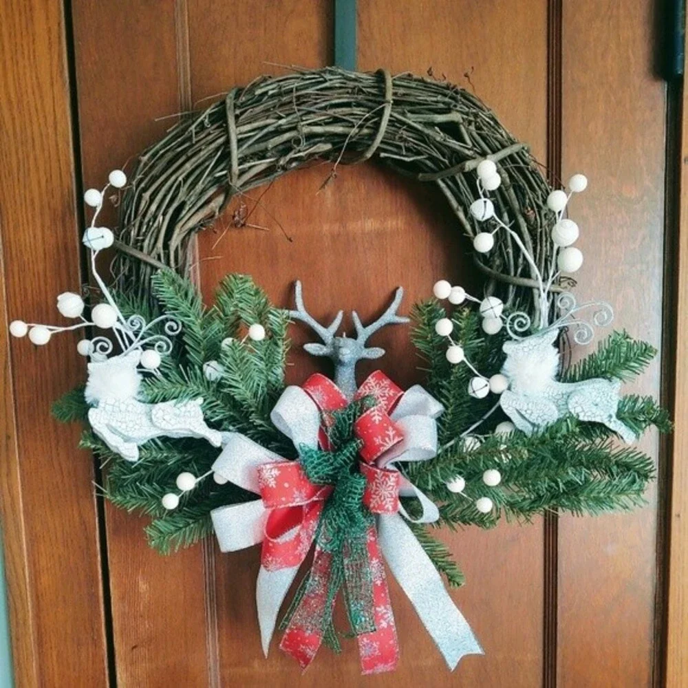 Hand Crafted Grapevine Christmas Wreath, Glitter Deer, Ribbon, Ornaments 18